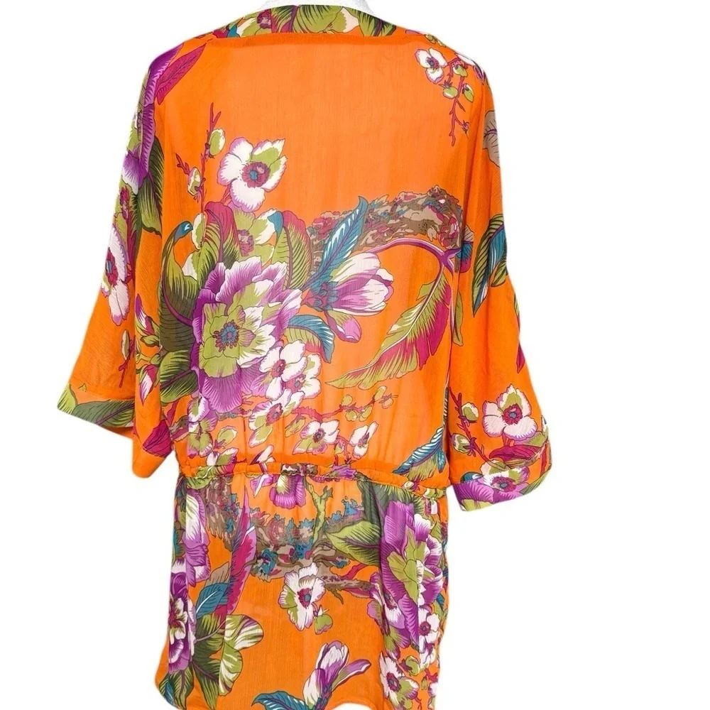 Orange Floral Crochet Neck Cover-Up Dress L Boho Vacation Resort Beach